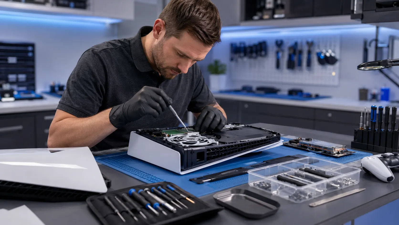 Technician performing PS5 repair in Lake Forest