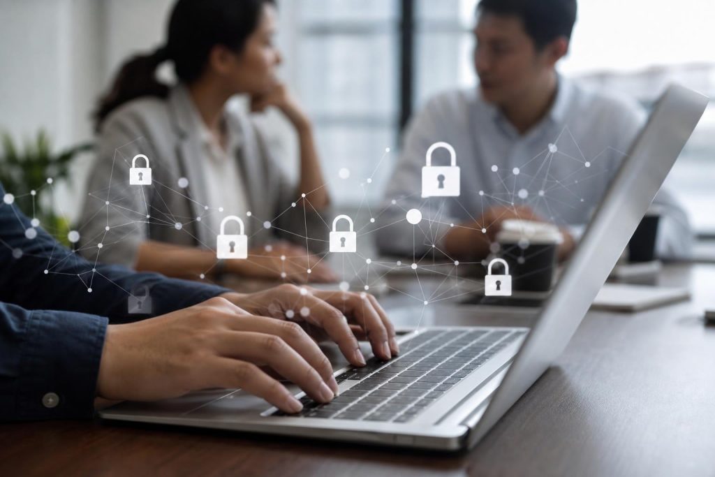 Hands typing on a laptop with abstract security icons overlaid, colleagues in soft focus.