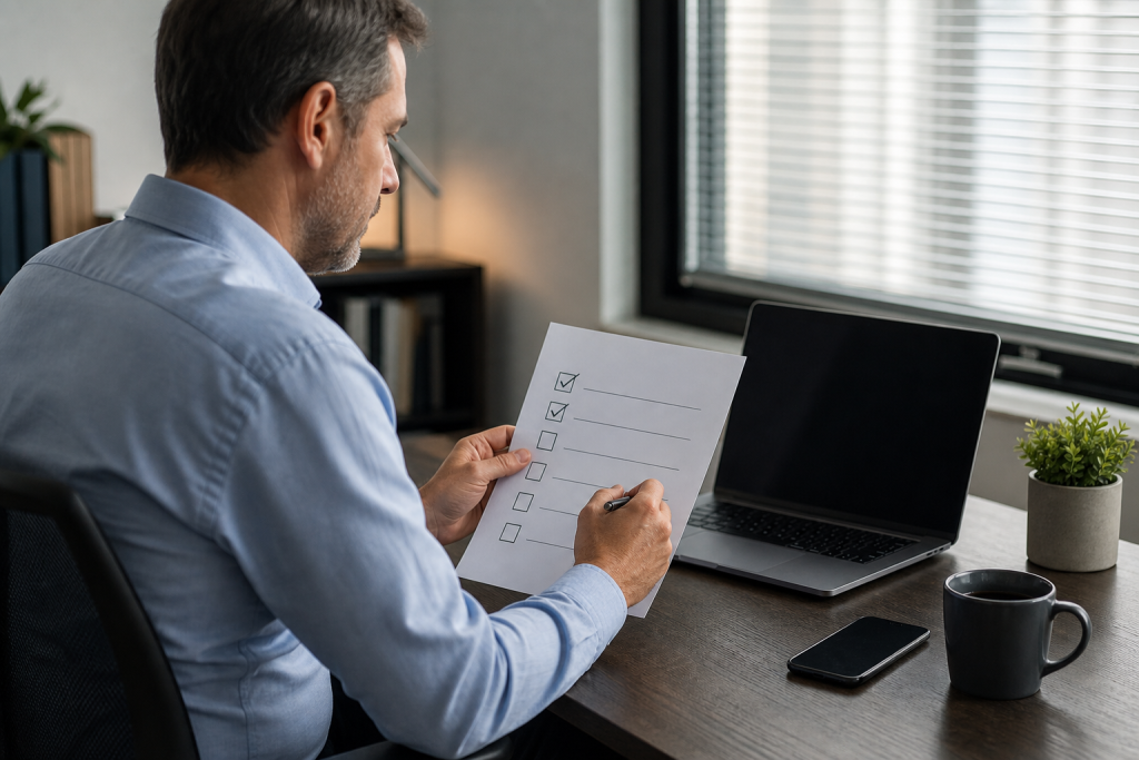 Business owner reviewing an AI vendor risk checklist at a desk.