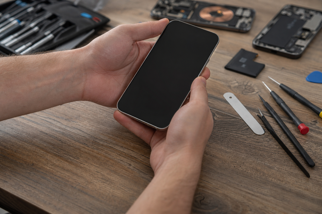 Hands holding a smartphone silhouette over a repair workbench