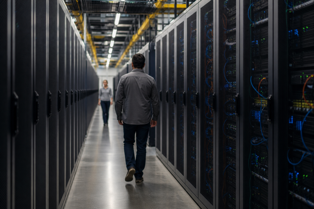 Technicians walking down a datacenter aisle with server racks.