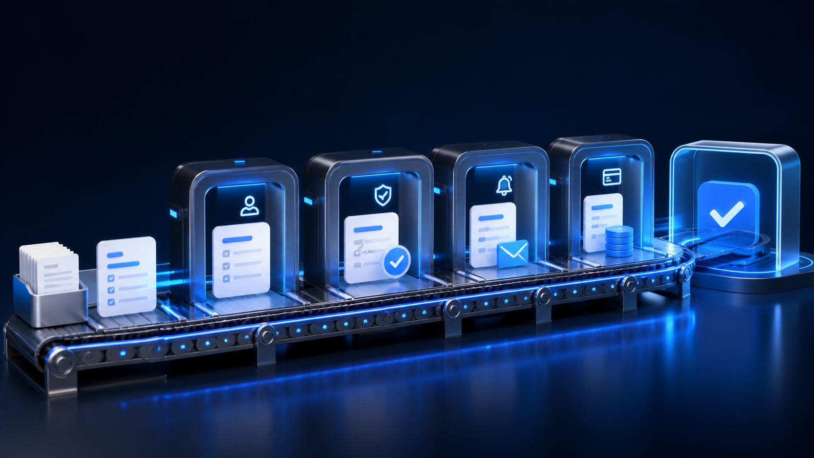 Automated business workflow connecting intake, approvals, payments and notifications