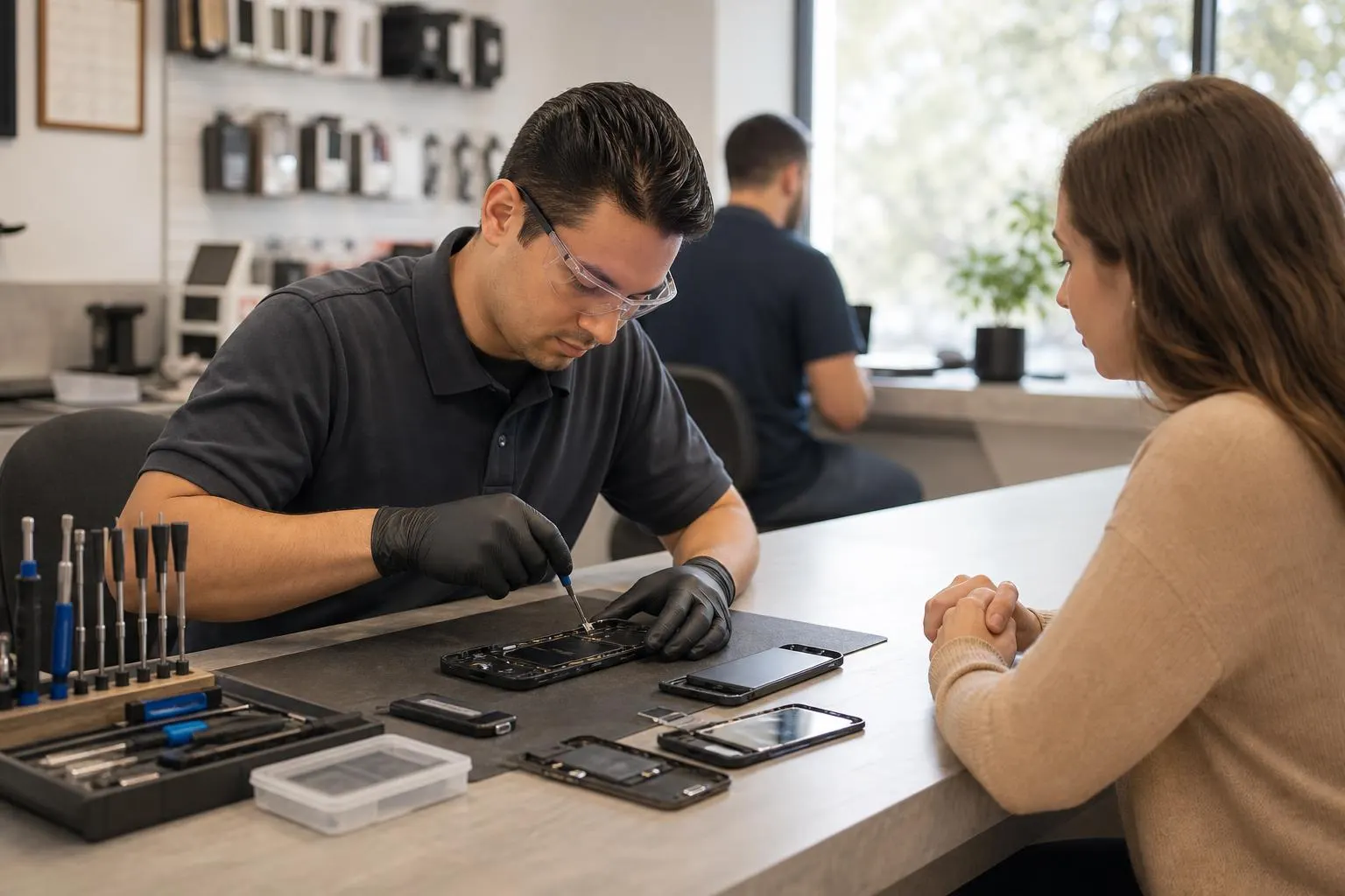 Technician repairing a smartphone screen at a local repair bench