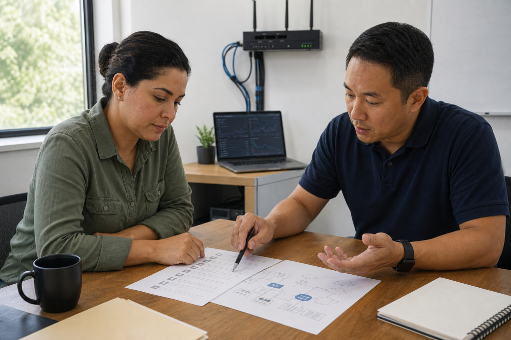 Small business owner and IT consultant reviewing a patch checklist and network diagram.
