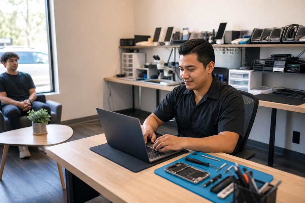 Technician repairing a laptop at a tidy repair bench in a local computer shop