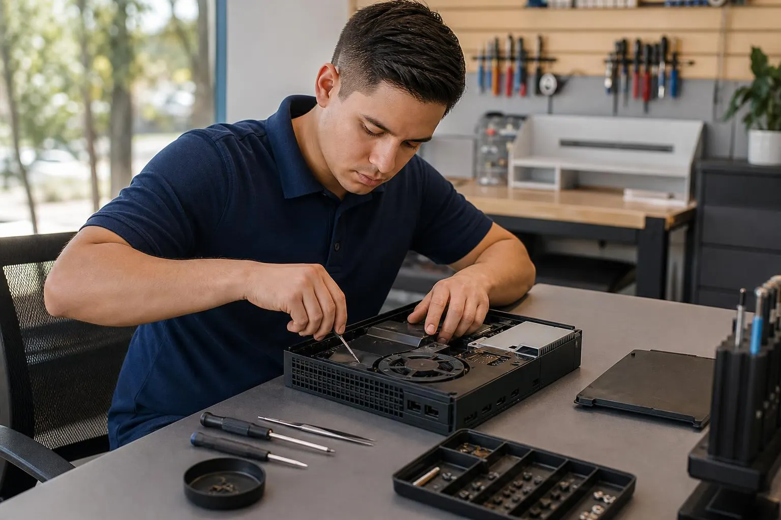 Technician inspecting an open video game console on a repair bench in a local shop