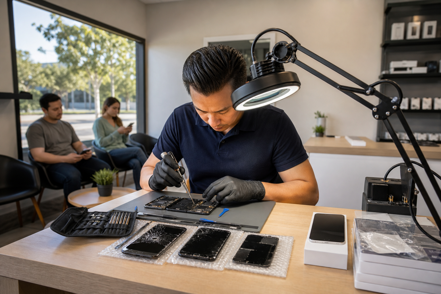 Technician replacing a cracked smartphone screen at a repair bench in a Lake Forest repair shop