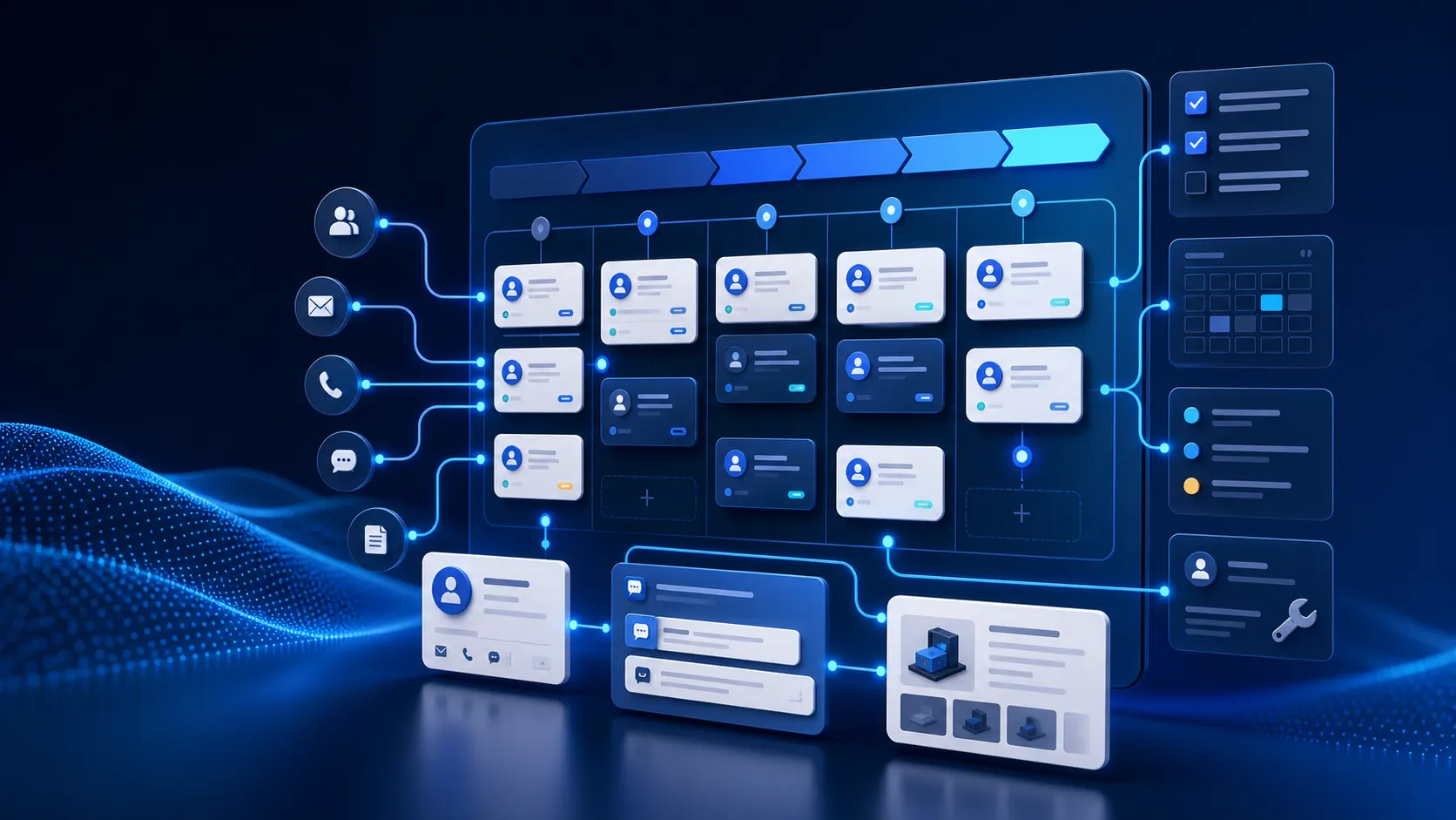 CRM pipeline connecting leads, customer communication, tasks and service records