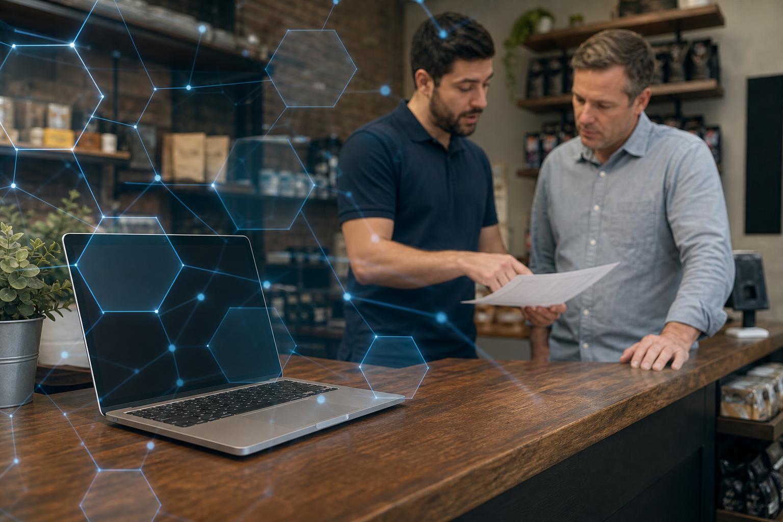 Small business owner and technician reviewing an incident response checklist with a blockchain motif overlay.