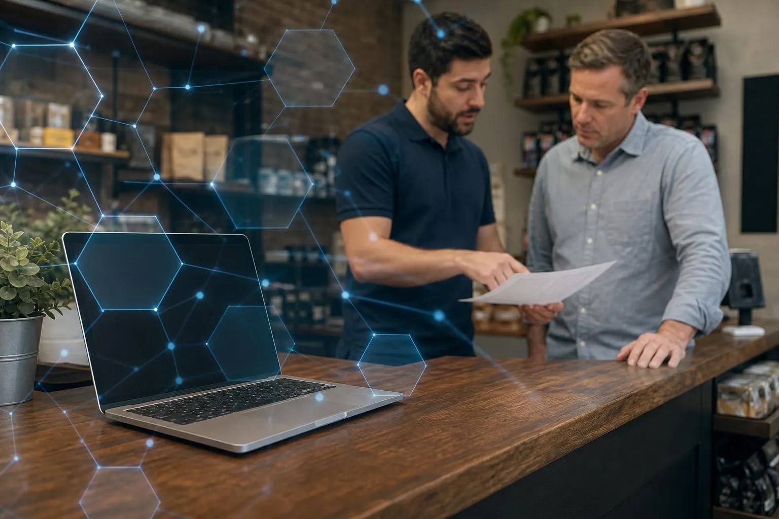 Small business owner and technician reviewing an incident response checklist with a blockchain motif overlay.