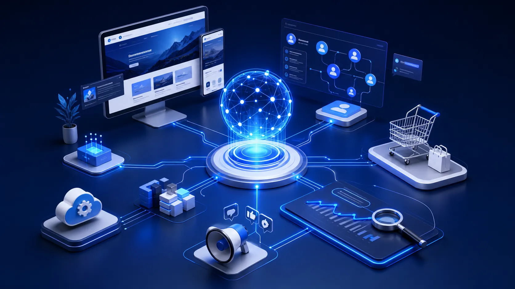 Connected digital services ecosystem with websites, AI, e-commerce, CRM and SEO