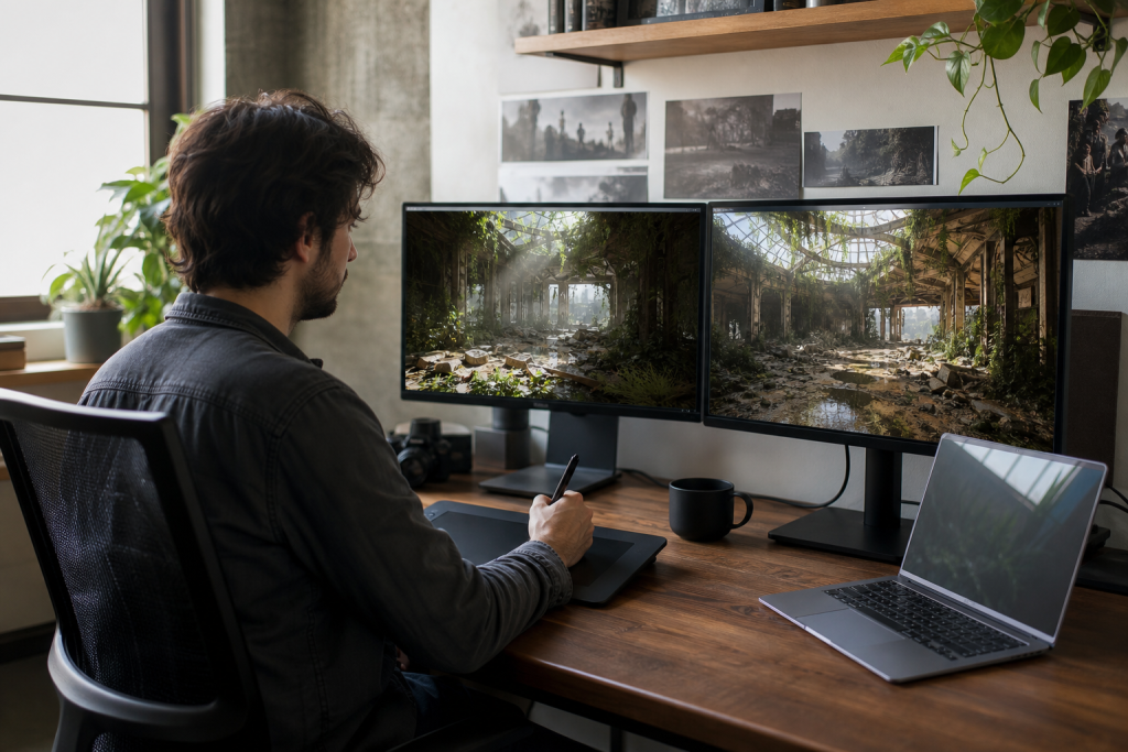Small studio workstation with dual monitors showing rendered frames, evoking developer testing
