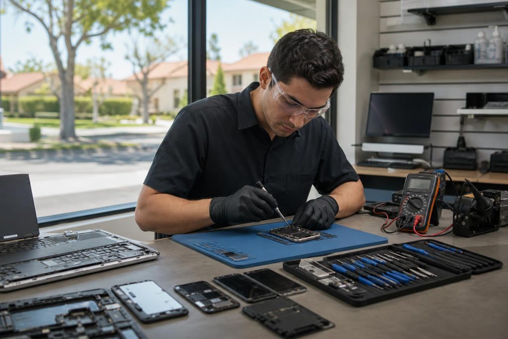 Technician repairing a smartphone and laptop at a clean electronics repair bench with tools and testing equipment.