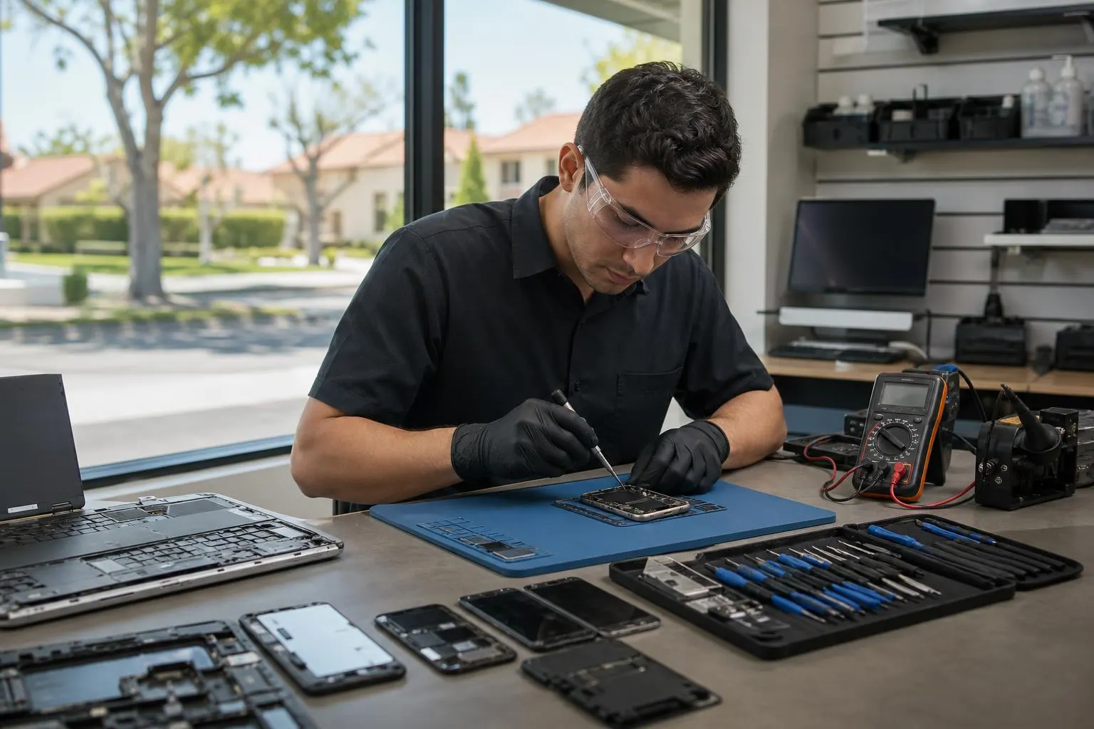 Technician repairing a smartphone and laptop at a clean electronics repair bench with tools and testing equipment.