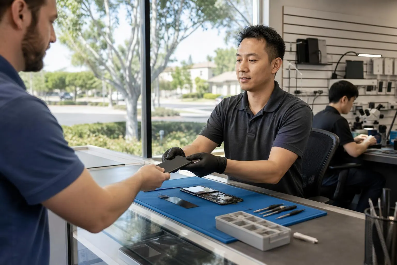 Technician repairing a smartphone at a local electronic repair shop bench.