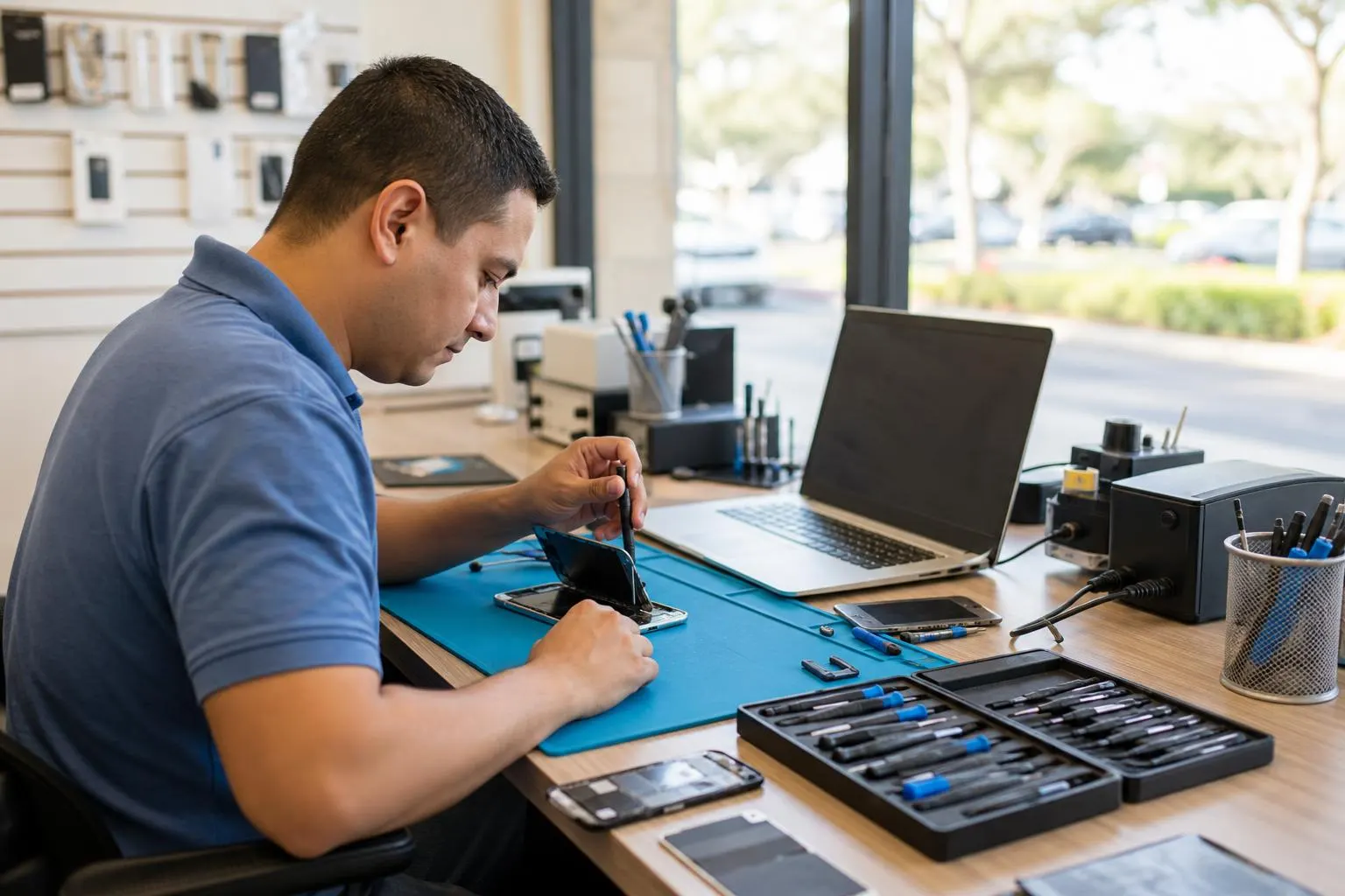 Technician repairing a smartphone at a clean electronics repair workstation with laptop and tools nearby.