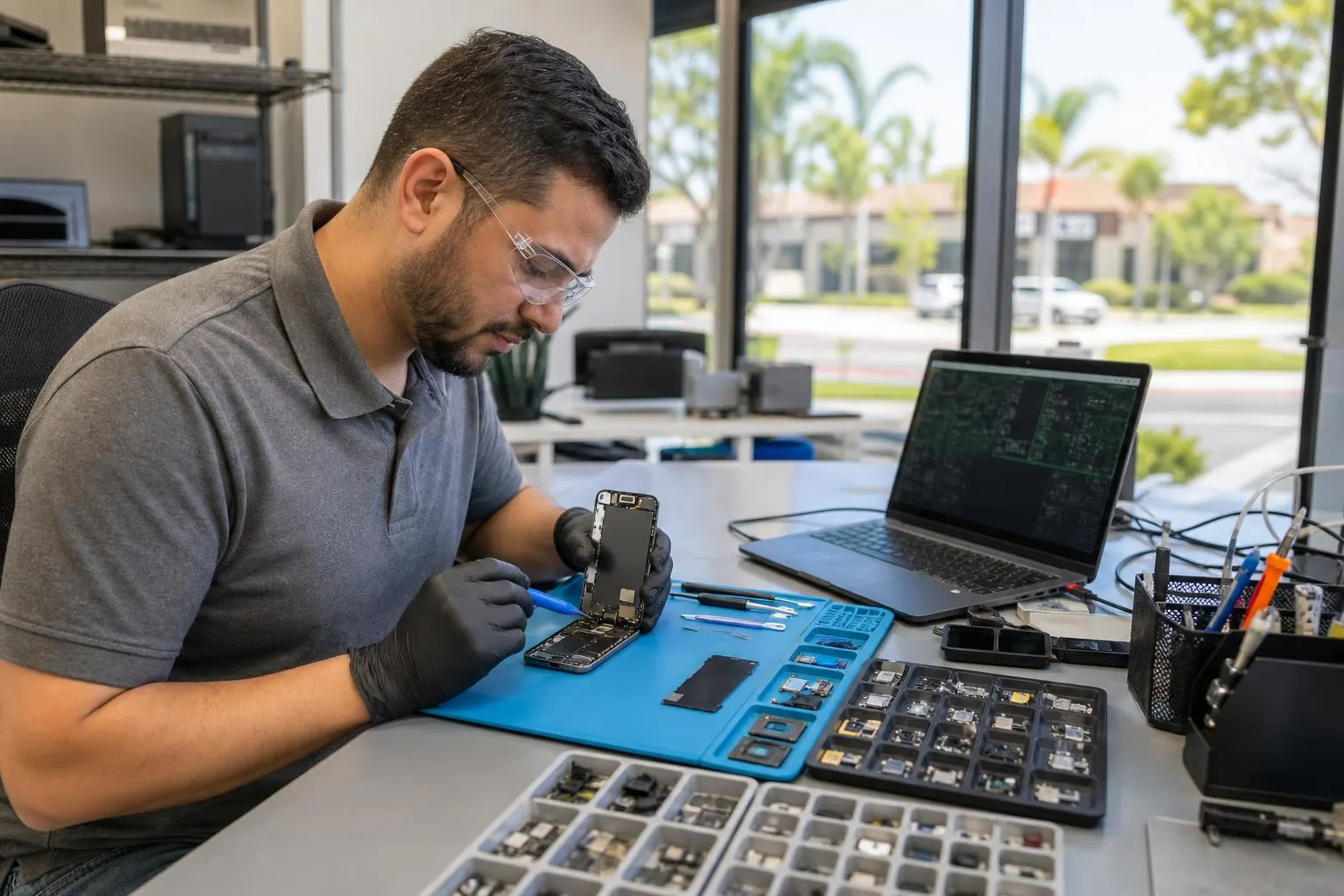 Technician replacing a smartphone screen at a local electronics repair bench in a small shop