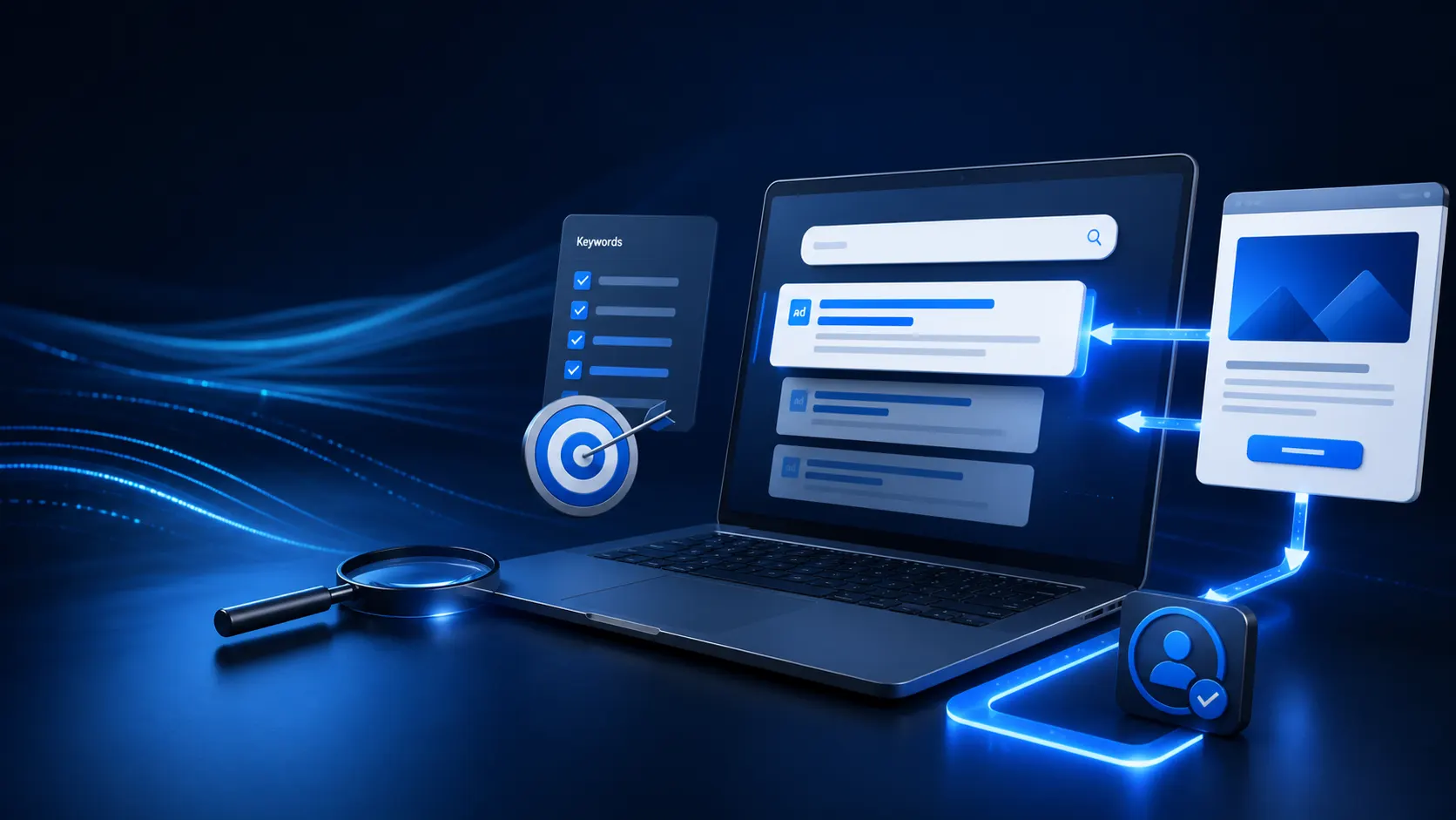 Search advertising campaign connecting keywords, ads, landing pages and conversions