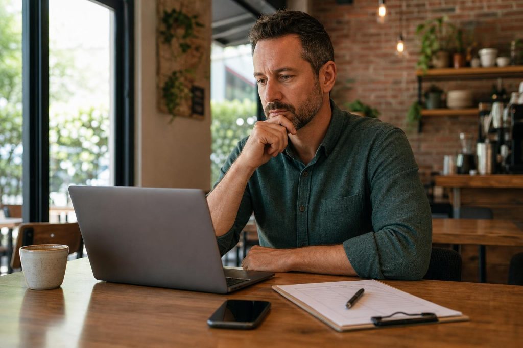 Small business owner auditing AI dependencies on a laptop
