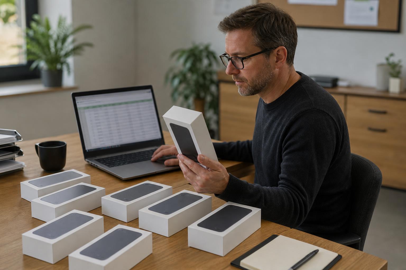 Small business IT manager reviewing new smartphone boxes and a procurement spreadsheet on a laptop.