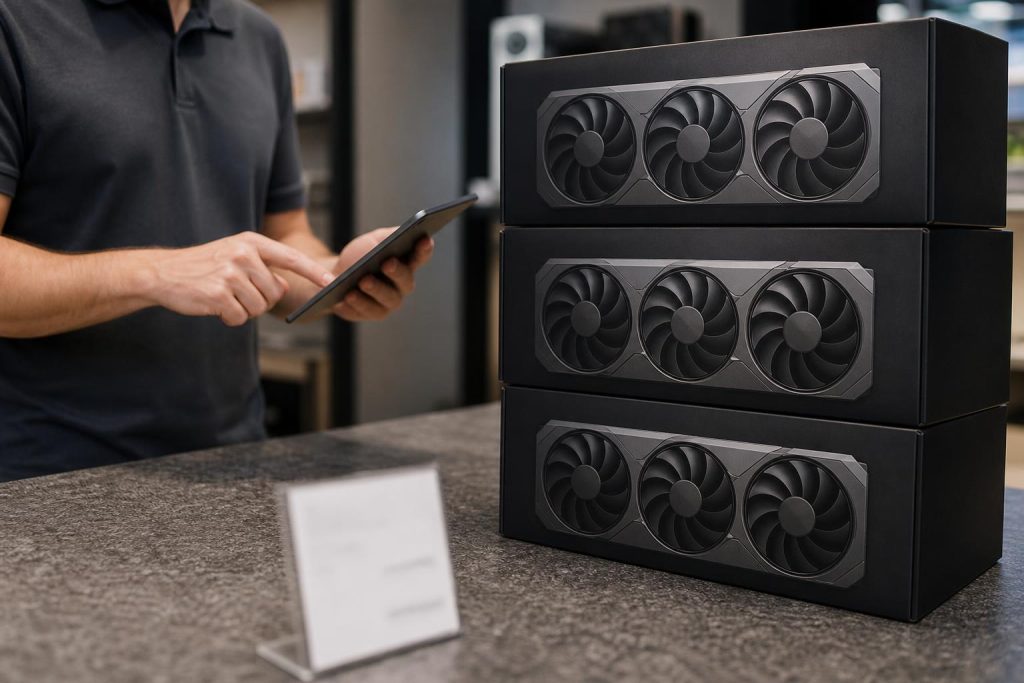 Stacked generic graphics-card boxes on a retail counter with blurred price tag and a salesperson pointing at inventory on a tablet.