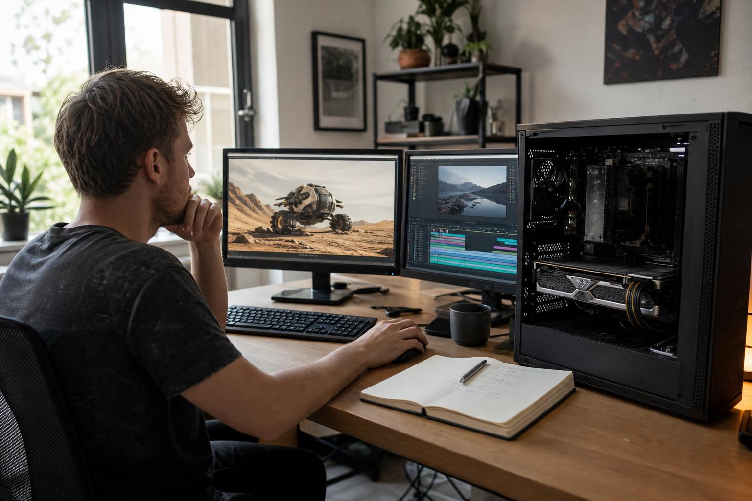Small studio workspace with PC shows GPU inside open case, dual monitors with 3D render and pricing notes.