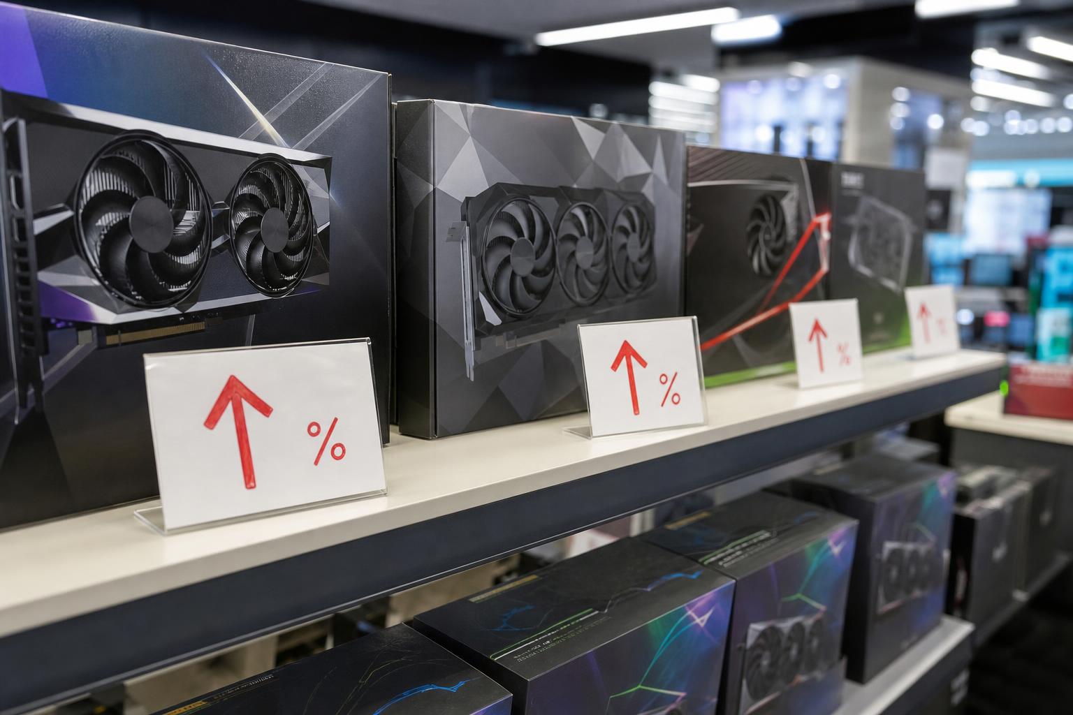 Retail shelf with unbranded GPU boxes and price tags showing upward price arrows.