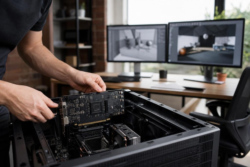 Technician installing an unbranded GPU into a workstation in a small studio.