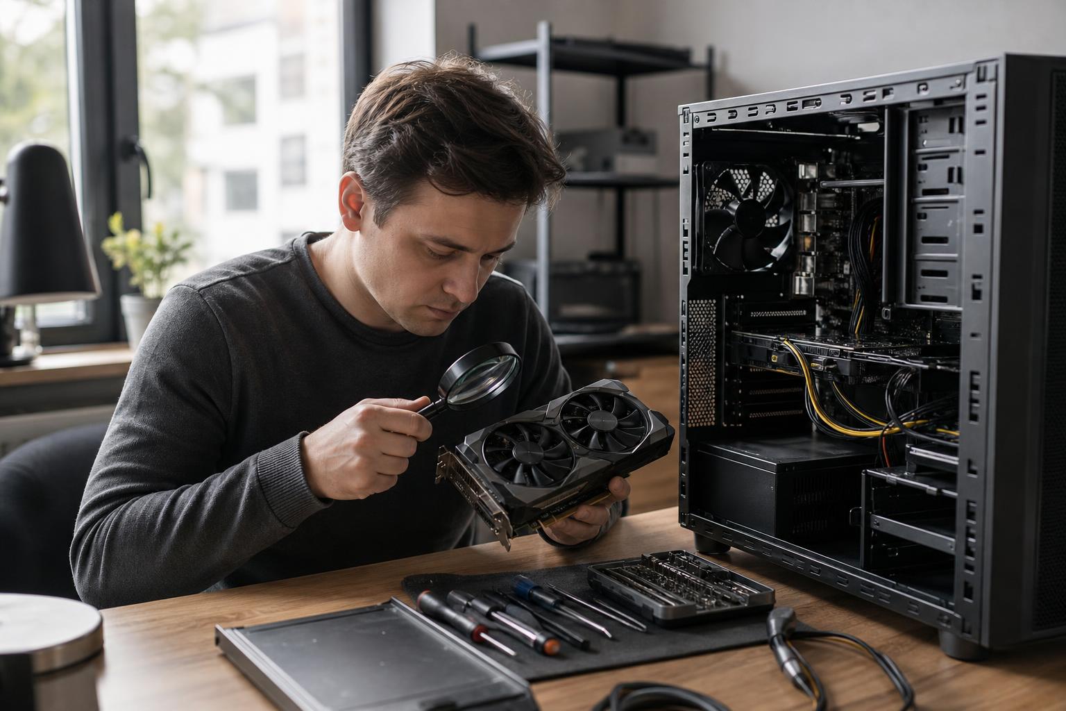Technician inspecting a GPU card at a small studio workbench, tools beside an open PC.