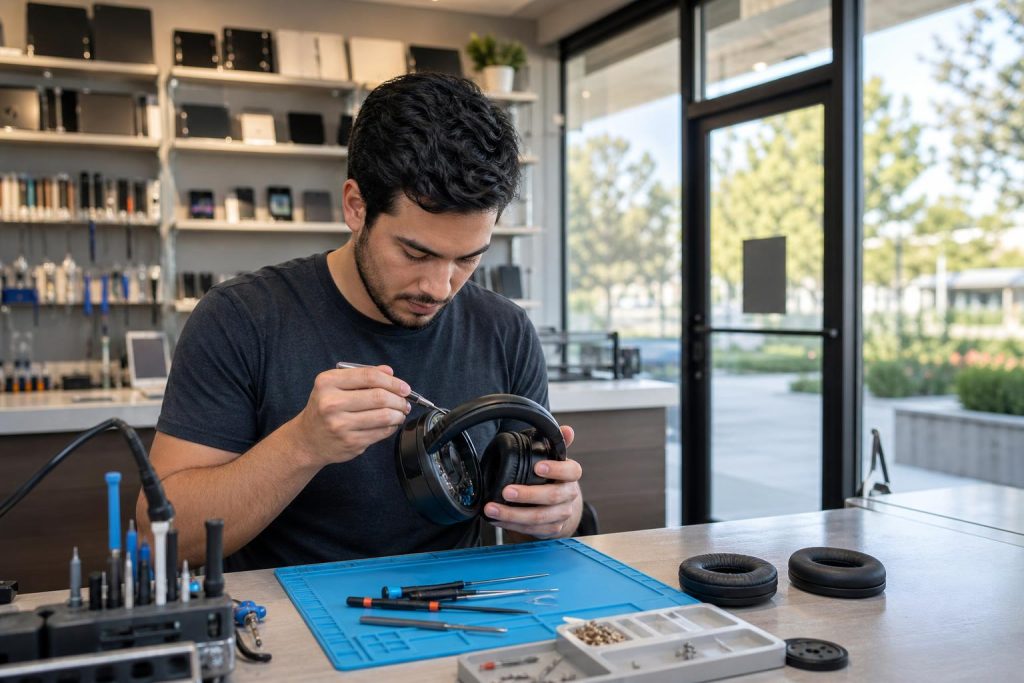 Technician inspecting over-ear headphones on a repair bench inside a clean repair shop.