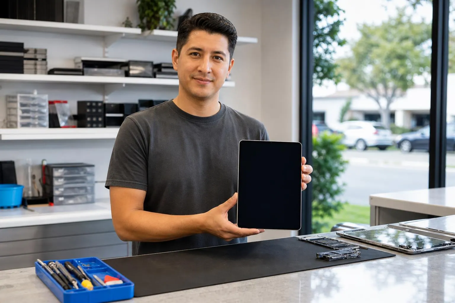 Technician inspecting a repaired iPad screen on the counter of a local repair shop