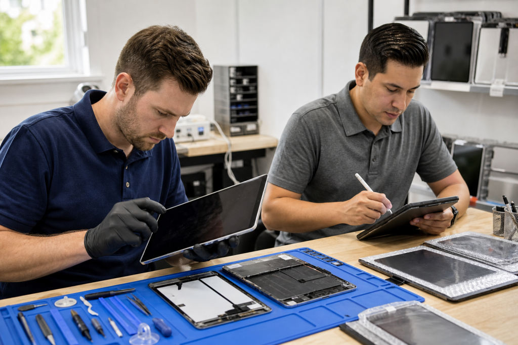 Technician inspecting an iPad at a clean repair bench with tools and replacement parts