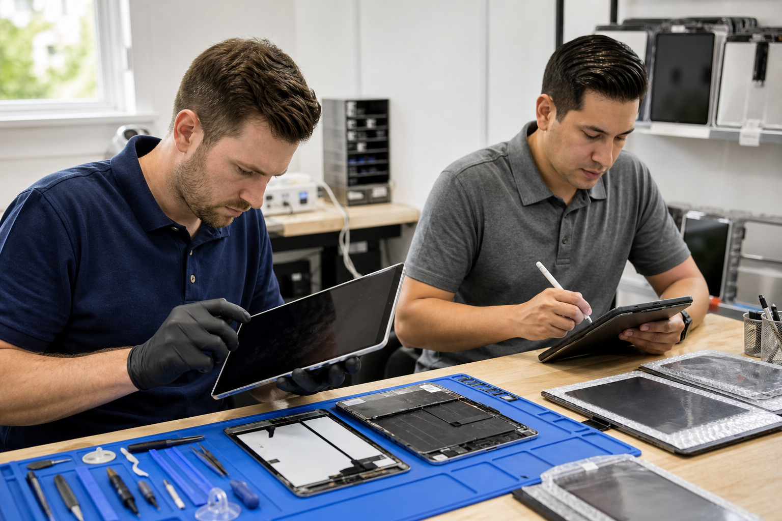 Technician inspecting an iPad at a clean repair bench with tools and replacement parts