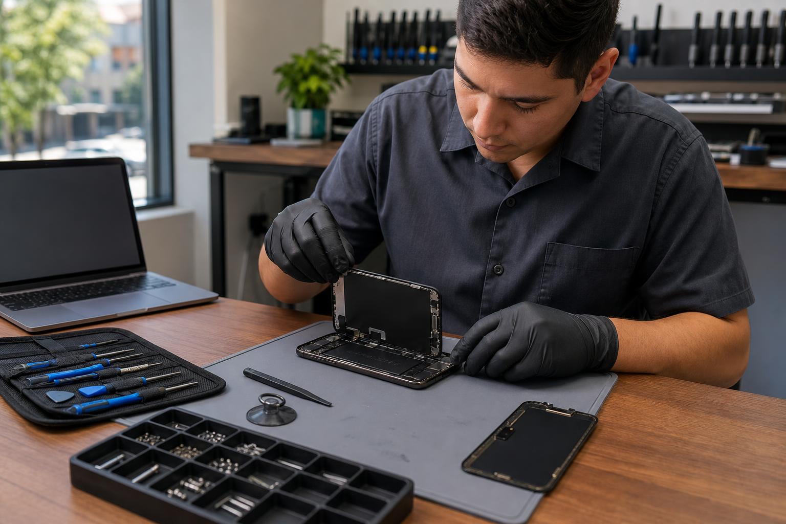 Technician repairing an iPhone 11 Pro Max on a clean repair bench with tools and replacement screen.