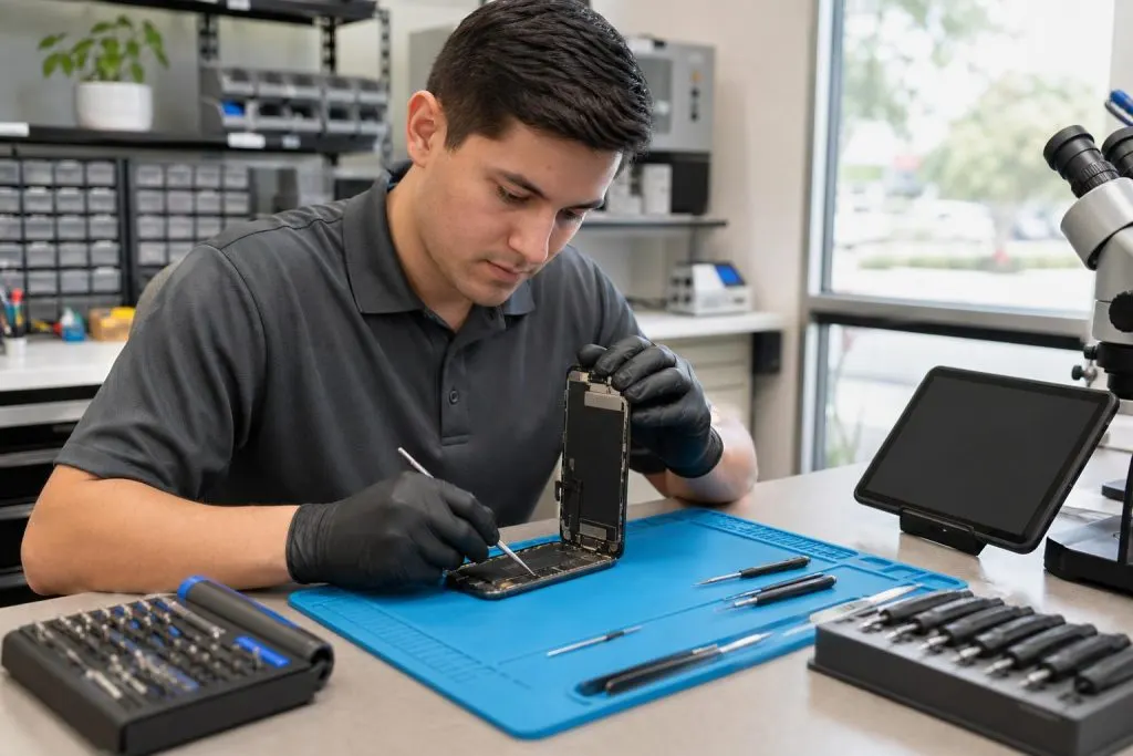 Technician replacing an iPhone 11 Pro screen on a clean repair bench in a professional shop.