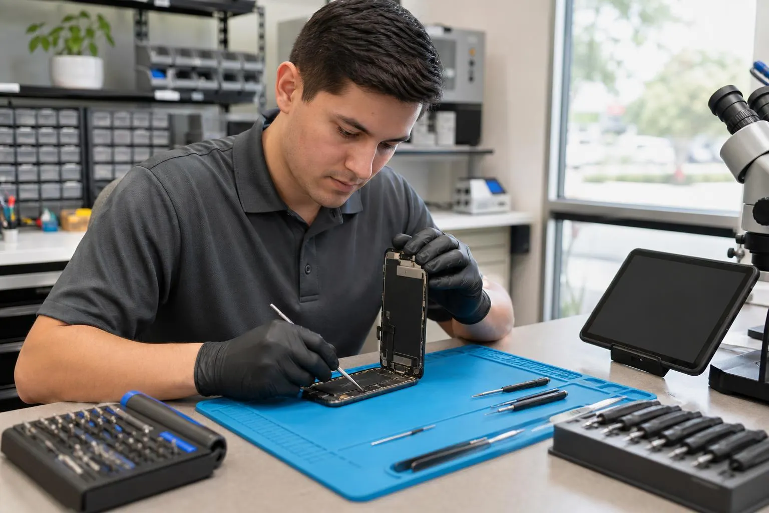 Technician replacing an iPhone 11 Pro screen on a clean repair bench in a professional shop.