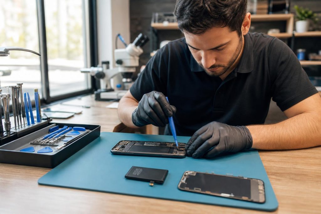 Technician repairing an iPhone 11 on a clean workbench with tools and replacement parts