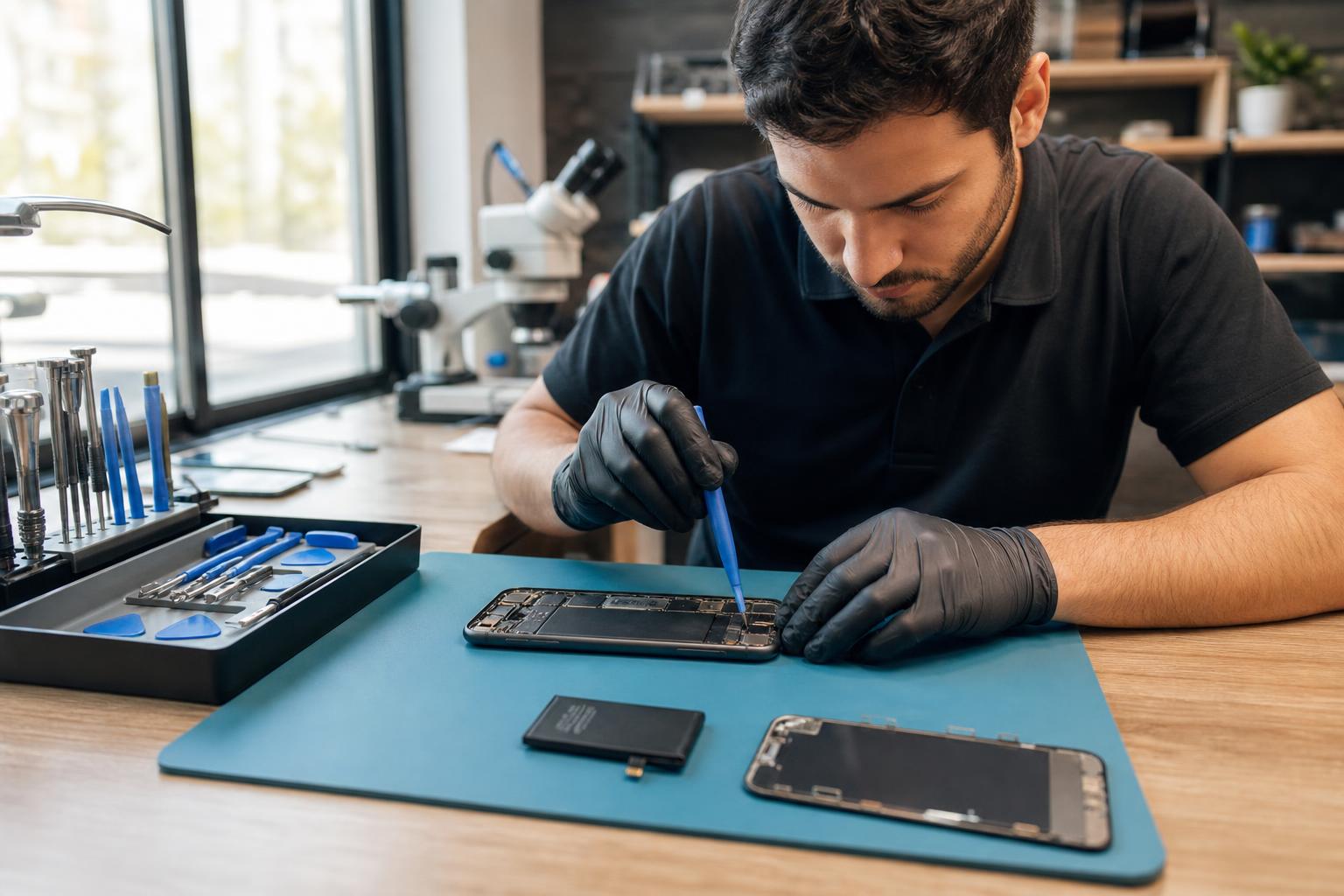 Technician repairing an iPhone 11 on a clean workbench with tools and replacement parts