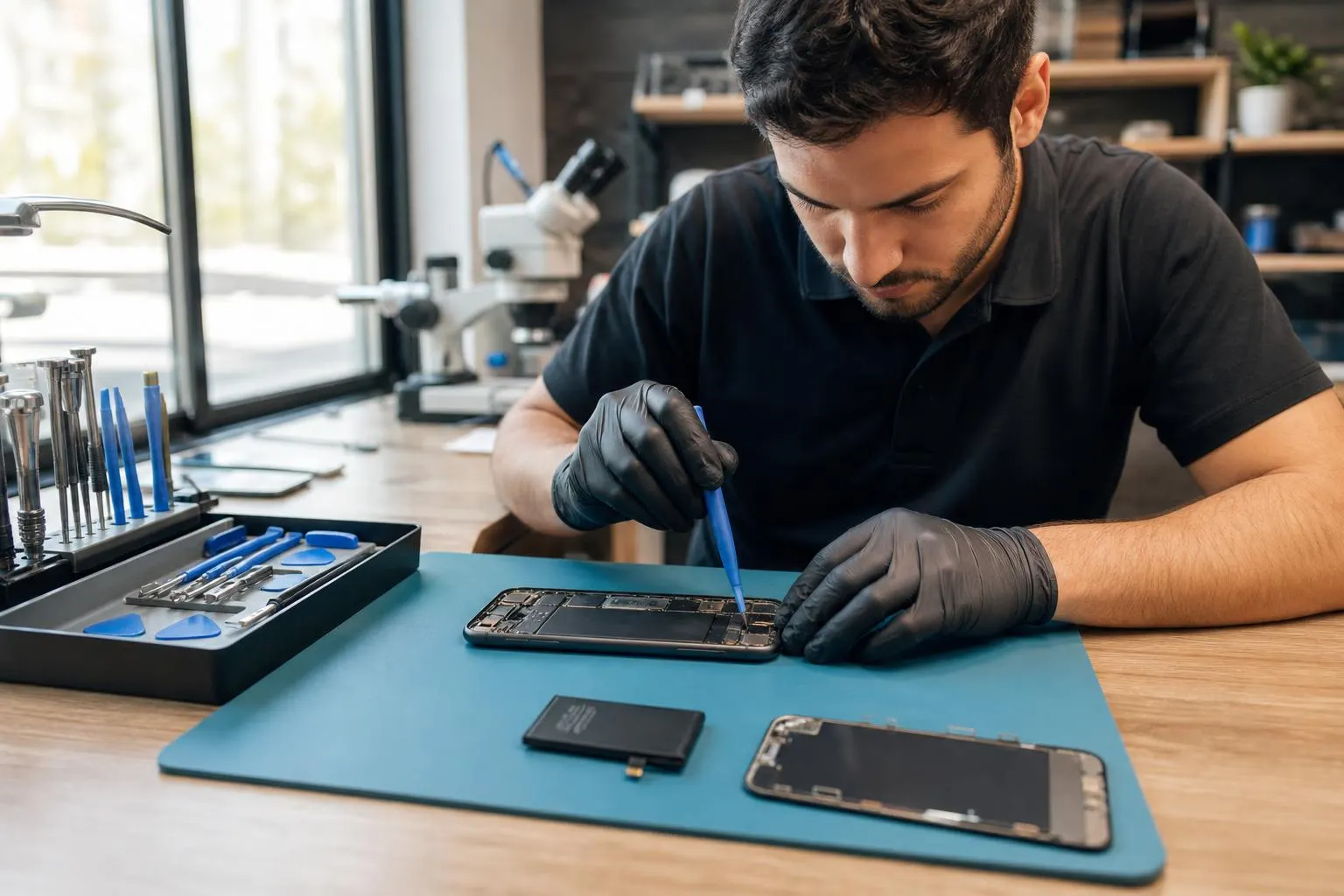 Technician repairing an iPhone 11 on a clean workbench with tools and replacement parts