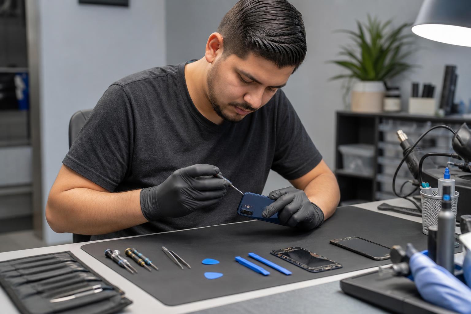 Technician repairing an iPhone 12 Mini on a clean workbench with precision tools