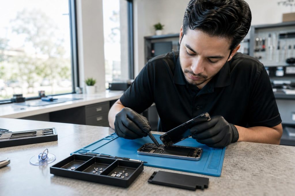Technician replacing an iPhone 12 Pro Max display assembly on a clean repair bench