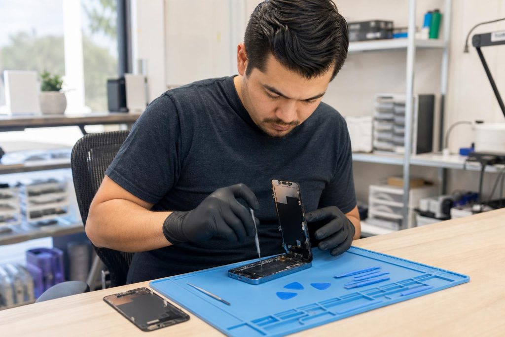 Technician replacing an iPhone 12 Pro screen at a clean repair bench with tools and replacement display.