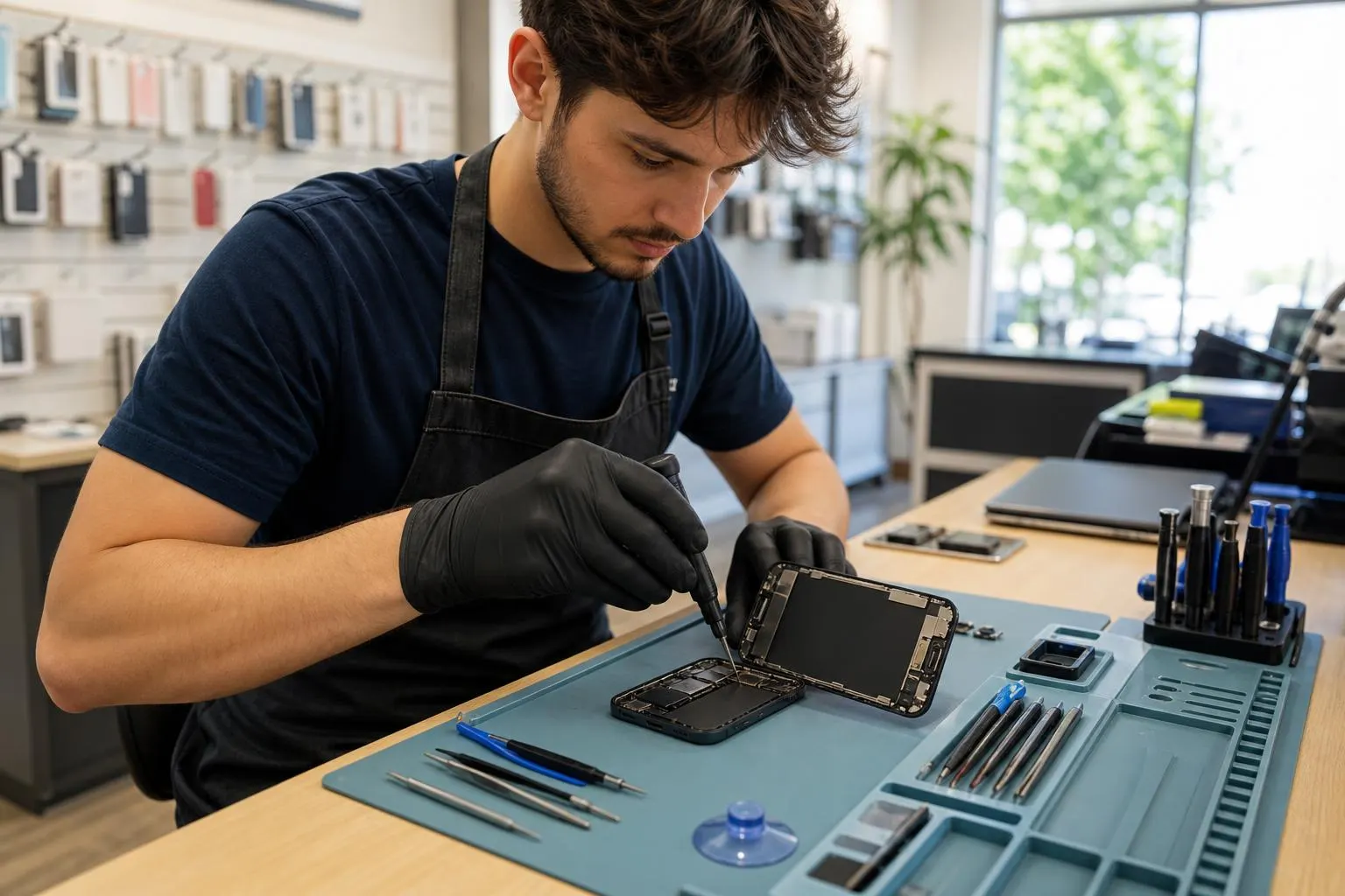Technician replacing an iPhone 12 screen on a clean repair bench with precision tools.