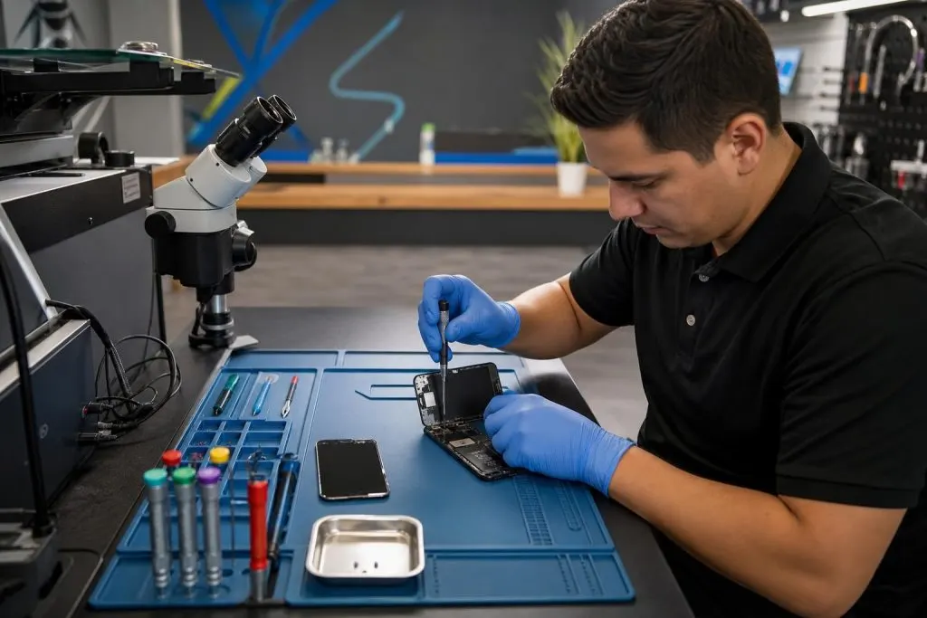 Technician replacing an iPhone 13 Mini display on a clean repair bench at a professional shop.