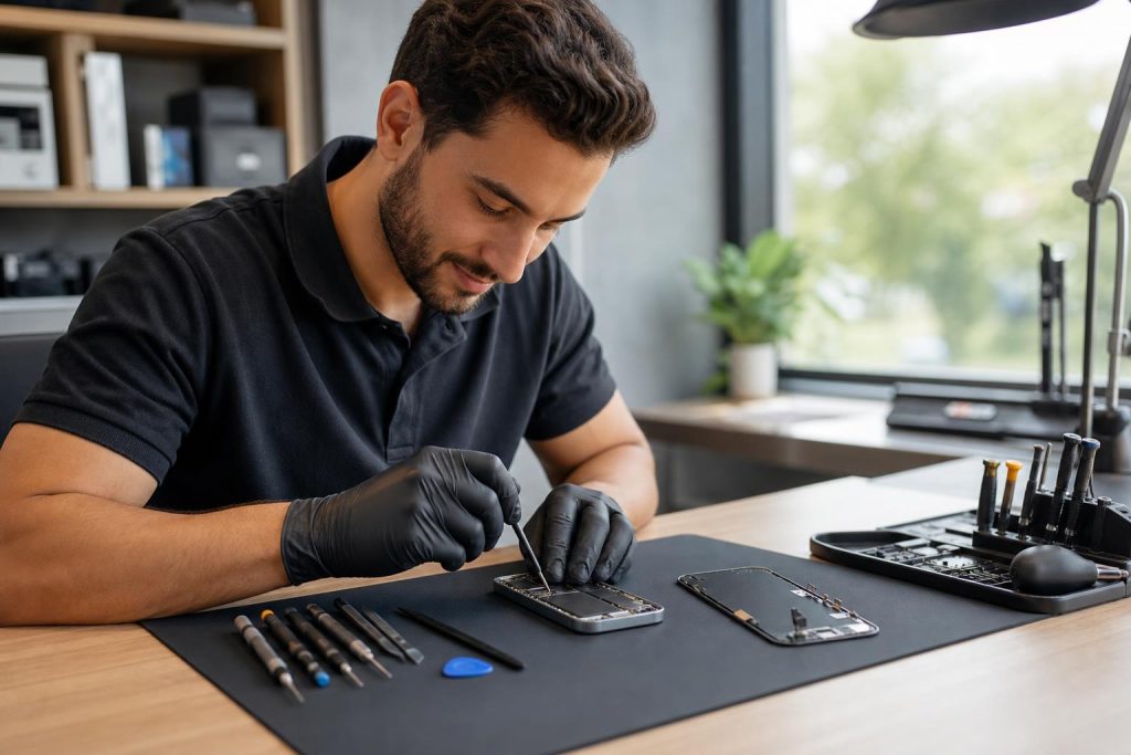 Technician repairing an iPhone 13 Pro Max on a clean bench with tools and a removed display assembly.