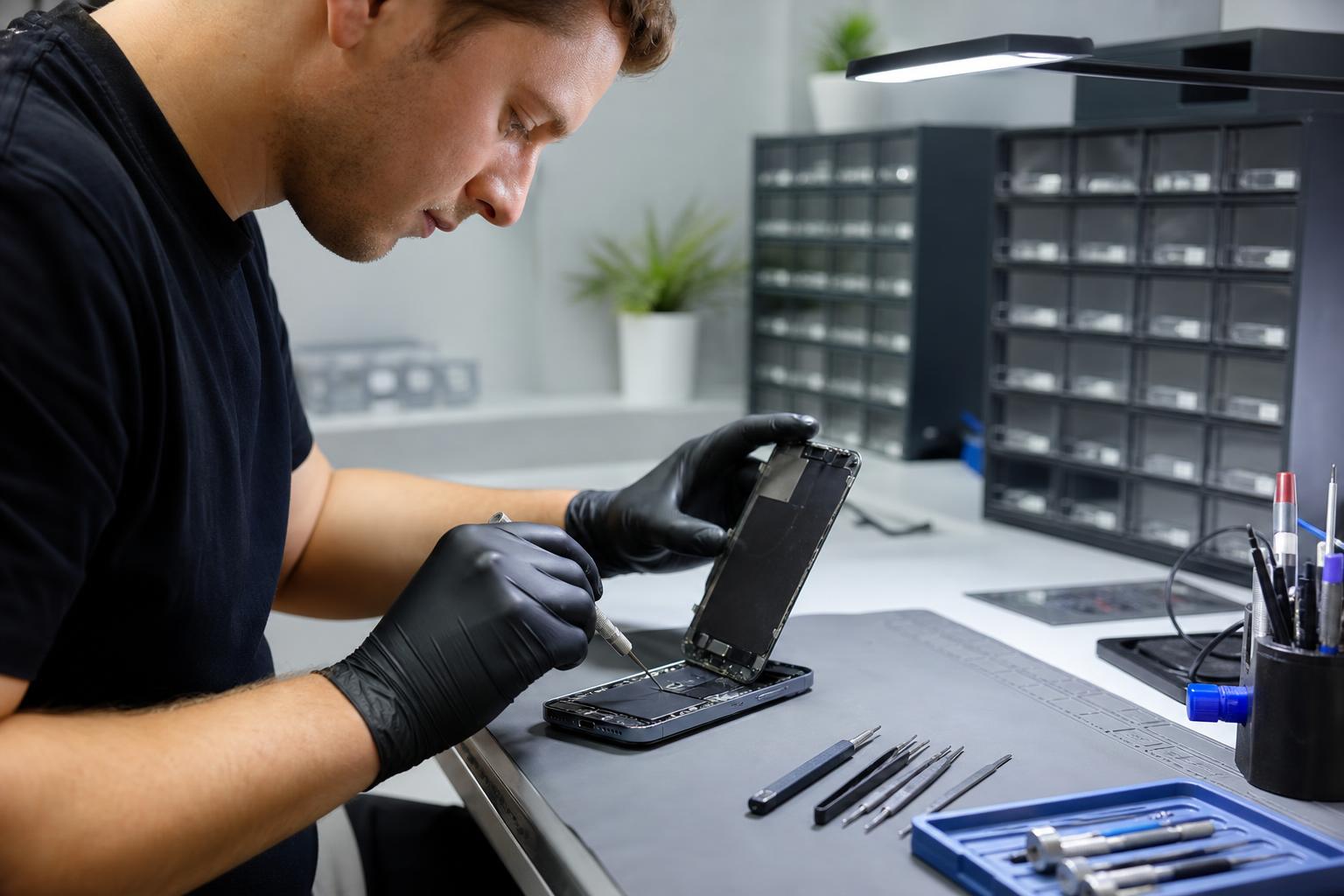 Technician replacing an iPhone 13 Pro screen on a clean repair bench.