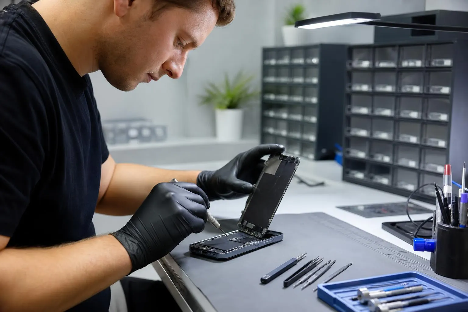 Technician replacing an iPhone 13 Pro screen on a clean repair bench.