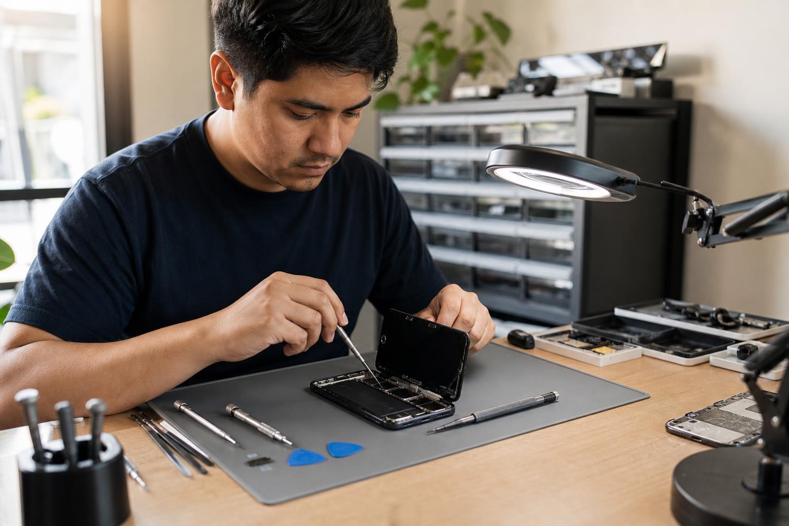 Technician replacing an iPhone 13 screen at a repair bench with precision tools.