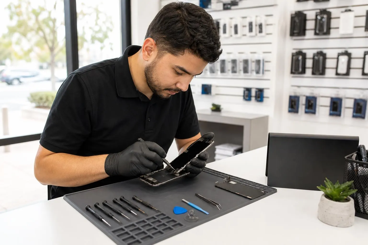 Technician replacing an iPhone 14 Plus screen at a clean repair counter with tools and parts visible.
