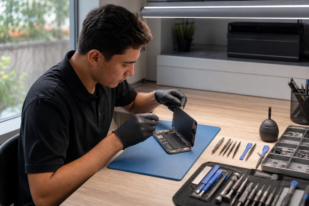 Technician replacing an iPhone 14 Pro Max screen on a clean repair bench with precision tools and ESD mat.